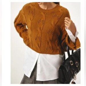 NWT - Anthropologie Pilcro Mustard Yellow Sweater with White Blouse Detail